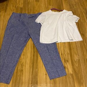 Ladies size 14 linen blend blue pants w J Crew white lace top